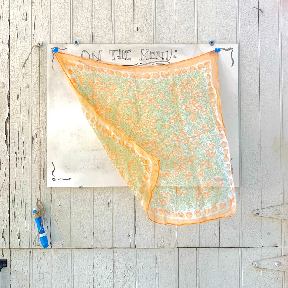 Vintage sheer orange & green fruit & flower scarf 24x24”